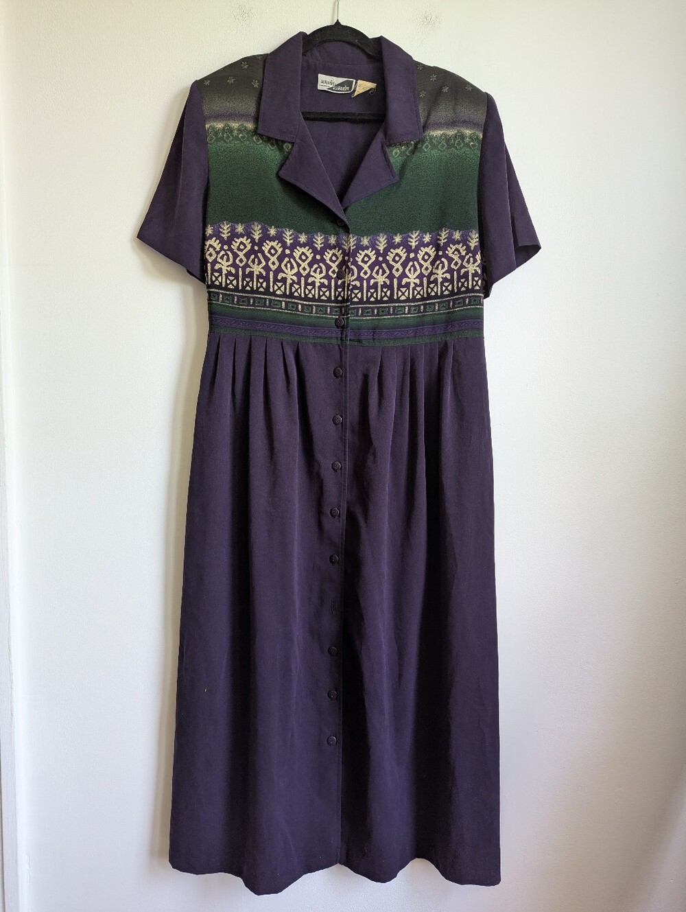 1980s Aztec Print Button Front Teacher Dress Pleated Skirt Academia Modest 18